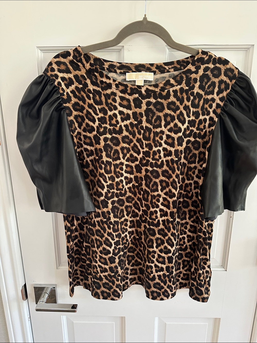 Michael Kors Leopard Print Top with Black Puff Sleeves